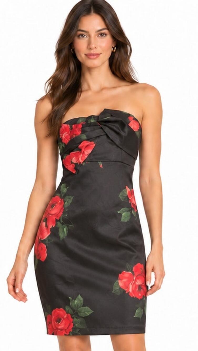 Charlotte Russe Black Red Rose Strapless Satin Mini Dress Size Medium